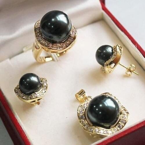 Hot selling> Gorgeous Black Shell Pearl Necklace Earrings Ring Sets+ Chain NEW NEW -Bride jewelry