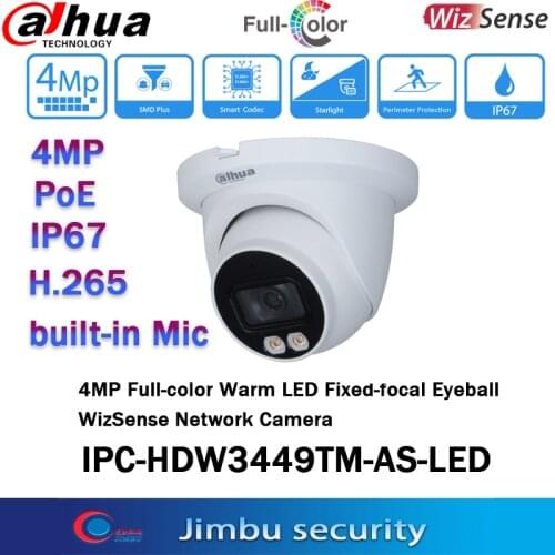 Dahua Original 4MP Full-color Warm LED IPC-HDW3449TM-AS-LED Eyeball Network Camera IP67 protection built-in Mic POE Warm LED 30M