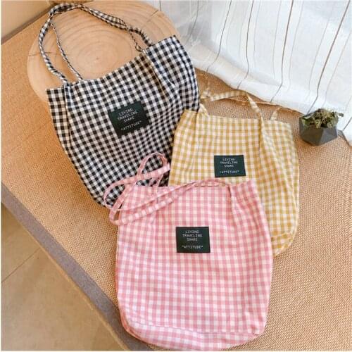 Korean Women Canvas Shoulder Bag Ladies Vintage Tartan Handbags Female Fashion Plaid Shopping Totes Cloth Bags For Preppy Girl