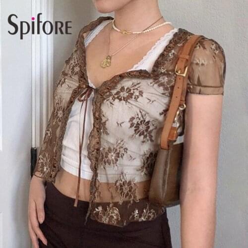 Spifore Lace Blouse Women Brown Short Sleeve See Through Sexy Shirts Open Stitch Club Party Crop Tops Summer