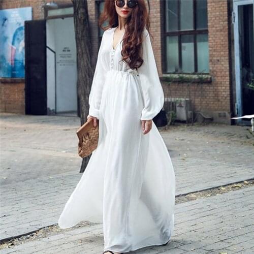 Summer Women Floor Length Maxi Chiffon Dress Flowy Lightweight Beach Dress Long Sleeve Women Elegant White Dress Femme Vestdiaos