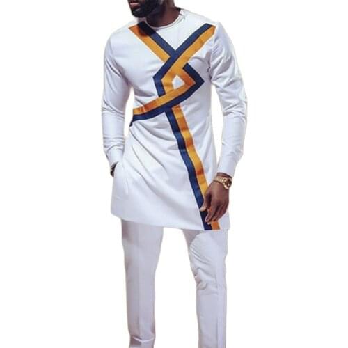 Asymmetric Design Mens Set Nigerian Fashion White Male Pant Suits Stripe Shirt+Trousers African Banquet Garments