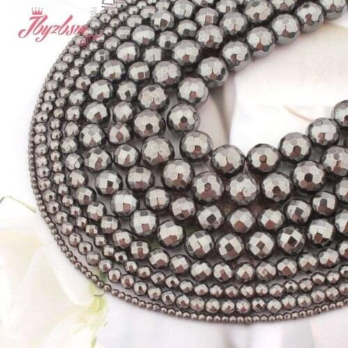 Natural Black Hematite Round Faceted Loose 2/3/4/6/8/10mm Spacer Stone Beads For DIY Necklace Bracelet Jewelry Making Strand 15"