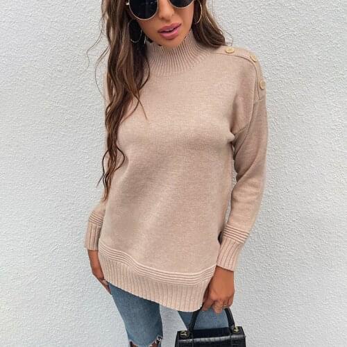 Autumn Winter Women Turtleneck Sweater Knitted Button Oversize Warm Pullovers Sweater Long Sleeve Slim Loose Jumper