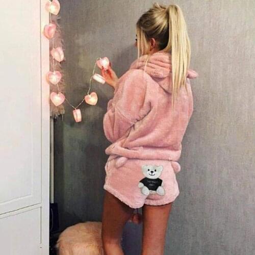 Paris Girl Autumn Winter Women Little Bear Two-Piece Embroidered Pajamas Hooded Casual Set
