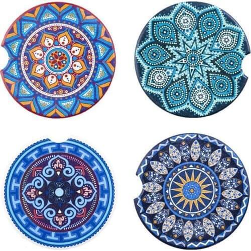 4pcs Mandala Pattern Coasters Round Drinks Absorbent Coaster Set with A Finger Notch Placemats Round Tea Pad Table Pad Holder
