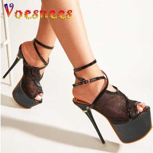 Striptease Thin High Heels Summer Mesh Sandals Sexy Lace-up Pole Dance Shoes Walk Show Peep Toe Platform Women Shoes Big Size