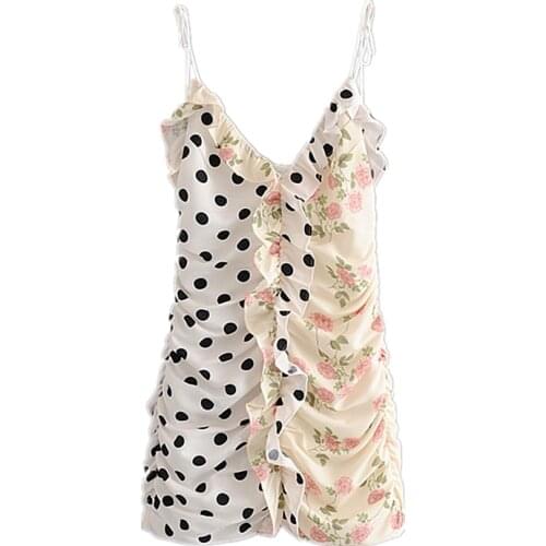 Sexy&Club Vintage Dot Floral Print Asymmetrical Mini Dress Women New Prairie Chic Ruffles Strap Holiday Dresses Vestidos Mujer