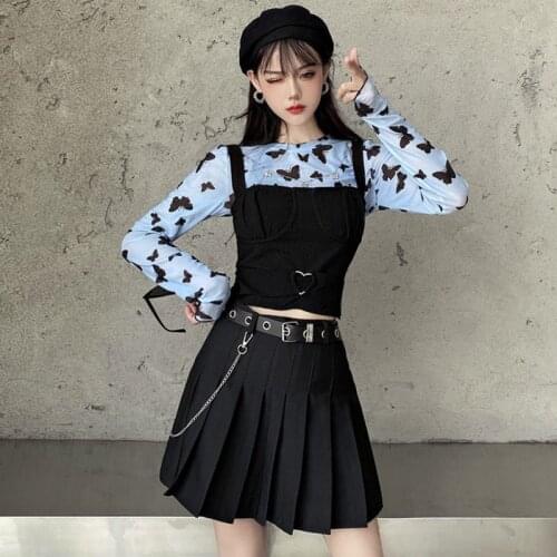 Sexy 2-piece Butterfly Print Top and Black Camisole Suit Ladies Spring 2021 Fashion Mesh Harajuku Thin Long-sleeved Top