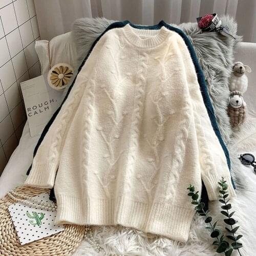Twisted Knitted Women Sweater Solid Loose Long-Sleeved Thicken Warm Casual All Match Female Pulls Outwear Tops