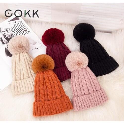 COKK Pompom Hat Women Wool Knitted Winter Hats For Women Lady Outdoor Thick Warm Beanies With Faux Fur Ball Bonnet Gorras 2020