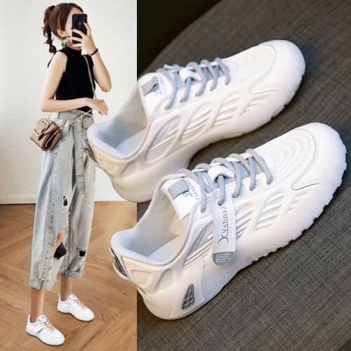 Sports Shoes Womens Spring 2021 New Fashion Trend Mesh Thin Breathable Casual Shoes Soft Comfortable Running White Old Shoes