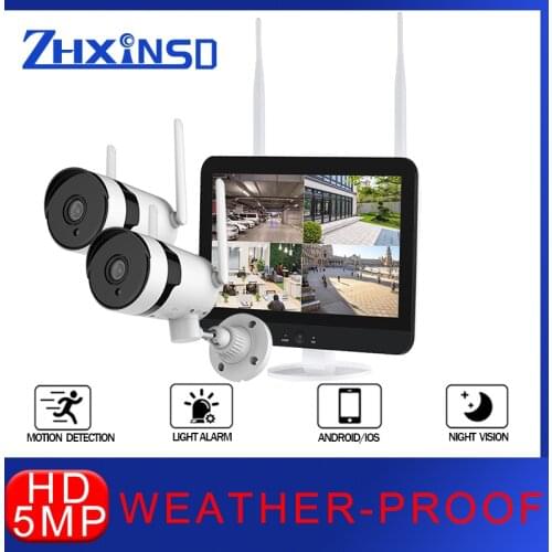 ZHXINSD 5MP NVR Outdoor Security Protection With Screen Camera Set 2CHHD Wireless CCTV System Waterproof WIFI IP Security Camera