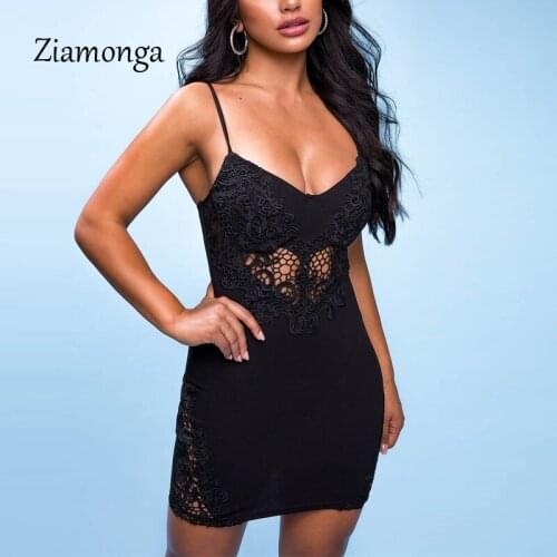 Ziamonga Sexy Lace Patchwork Spaghetti Strap Bodycon Dress 2019 Summer Women V Neck Bandag Mini Dress Female Party Club Vestidos
