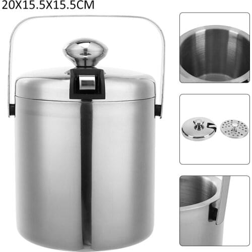 1.2L Double Walled Ice Container Stainless Steel Ice Cube Bucket With Ice Tong Clip Lid For Beer Wine Colder Barware Tool