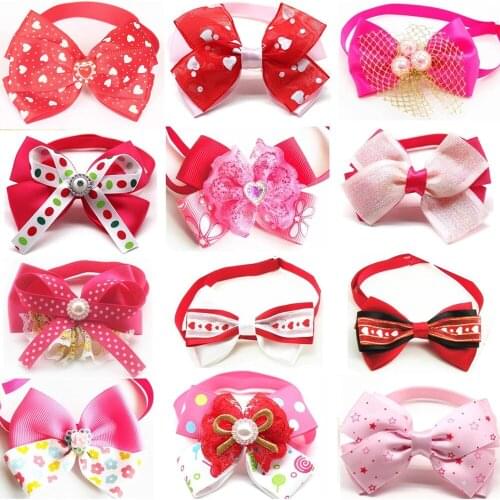100pcs Valentines Day Pet Supplies Dog Bow Ties Pink Heart Small Dog Bowties Collar Pet Dog Accessories