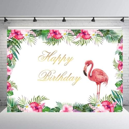 Flamingo themed happy birthday party background photographic backdrop Tropical plant flower photo booth candy table banner B-889
