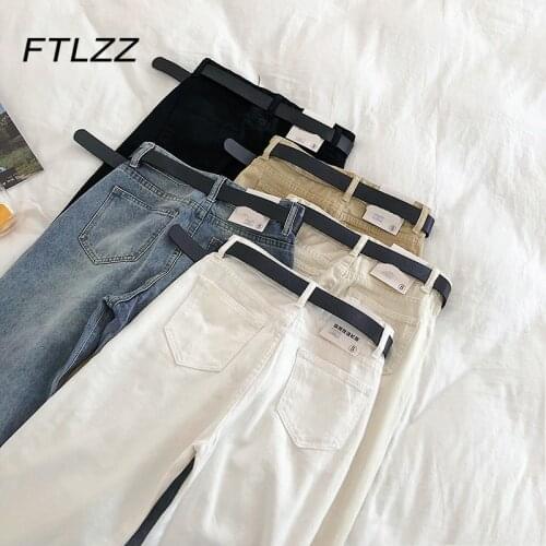New Women Streetwear Jeans Pants Spring Autumn High Waist with Belt Straight Leg Vintage Jeans Pants Woman Button Fly Trousers