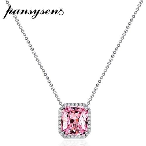PANSYSEN Cute Solid 925 Sterling Silver 10*11MM Pink High Carbon Diamond Pendant Necklaces for Women Wedding Chain Necklace Gift