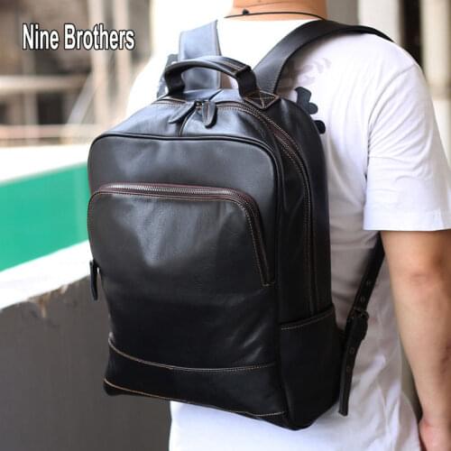 Business Men Genuine Leather Laptop Computer Backpack Large Capacity Cowhide Vintage Backpack High Quality Male Notebook Bags
