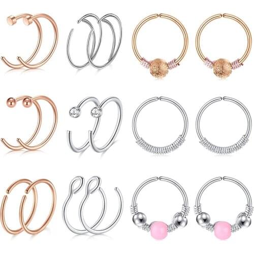20G Nose Rings Hoop Fake Faux Septum Nose Rings Surgical Steel Clip On Nose Ring Piercing Jewelry