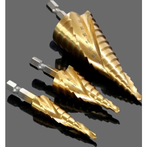 3Pcs 4-12/20/32mm Titanium Coated HSS Steel Spiral Step Cone Drill Bit Metal Wood Hole Cutter Hex Shank Woodworking Tool