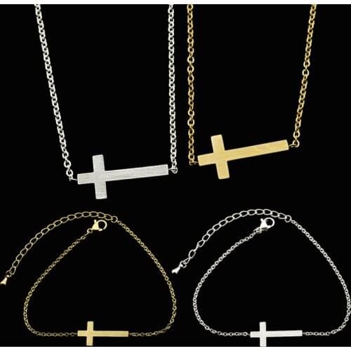 Hot Jesus Christian Stainless Steel Horizontal Sideways Cross Bracelets Pendants Necklaces Set Prayer Christ Women Mens Jewelry