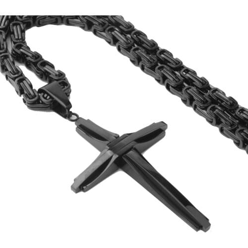 Punk Black Color Cross Pendant Necklaces for Men Stainless Steel Byzantine Knight Cross Mens Necklace Chain 18-36inch