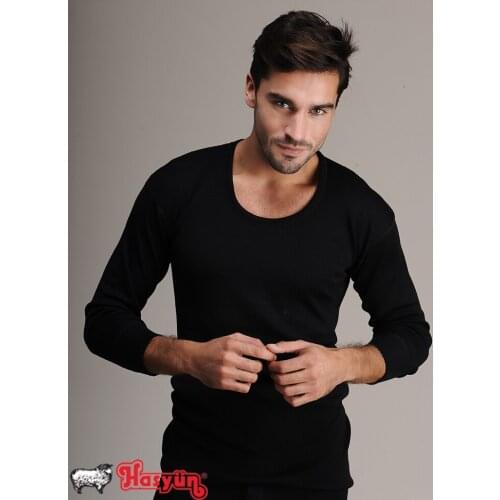 Male Black Wool Long Sleeve Undershirt, Woolmark Blend Certified, Cold Weather For, Extra Soft Australia Merino wool