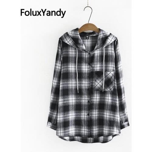 New Autumn Shirts Plus Size Women Blouse Casual Plaid Hooded Long Sleeve Shirts Chemise 3XL 4XL KKFY5641