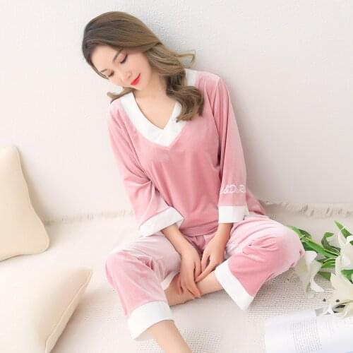 Autumn Winter Warm Pajamas Set Women Sleep Set Deep Gold Velvet Home Cloth Pijama Women Pajama Set Long Pant Flannel Plus Size