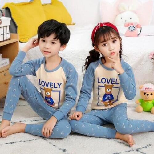 Baby Girls Pyjamas Suits Blue Cartoon Pajamas Winter Kids Long Sleeve Pajamas Clothing suits for Boys Cotton Kid Homewear Suits