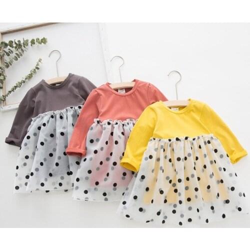 1 2 3 4 5 6 Years Princess Dress Fashion Long Sleeves Dot Mesh Stitching Kids Dresses for Girls Cotton Toddler Baby Clothes New