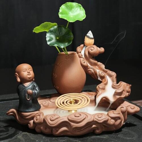 Backflow Incense Burner Holder Ceramic Little Monk Small Buddha Waterfall Sandalwood Censer Creatives Home Decor