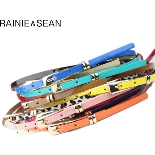 RAINIE SEAN Leather Thin Belt For Women Ladies Narrow Thin Dress Belt Female Pin Buckle Yellow Blue Orange Red Pink Waist Belt