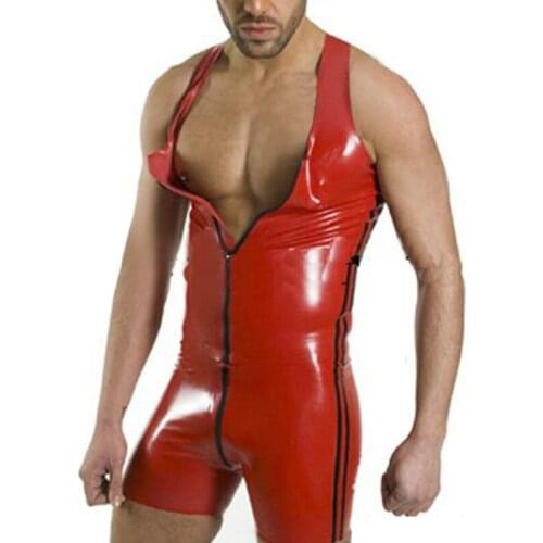 Red Sexy Mens Leather Bodysuit PVC Latex Catsuit Men Sexy Lingerie Patent Leather One Piece Leotard Wet Look Gay Club Wear