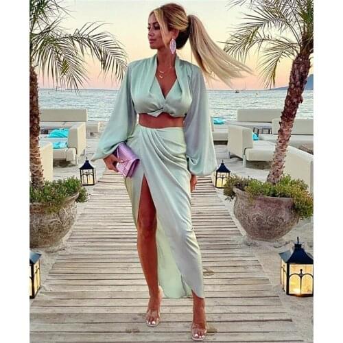 Sexy Two Piece Set Long Sleeve Crop Top And High Split Midi Skirts Summer 2 Piece Set Women Outfits