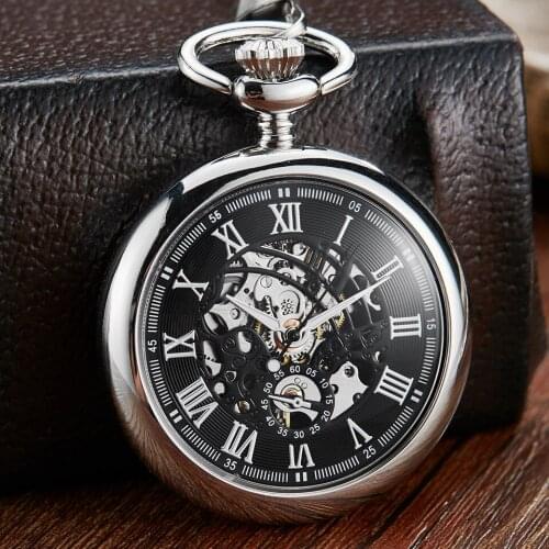 Vintage Hollow Skeleton Dial Mechanical Pocket Watch Men Unique Roman Numerals Steampunk Silver Smooth Mechanical Watches Chains