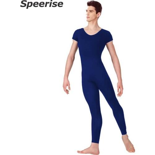 Adult Men One Piece Unitard Lycra Spandex Ballet Short Sleeve Jumpsuit Dance Costumes Bodysuit Scoop Neck Footless Gymnastic