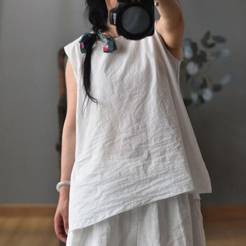 FairyNatural Women Sleeveless Tank Solid Color Cotton O-Neck Loose 2021 New Summer Casual Retro Ladies Vest Tops