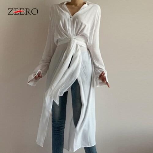 Women Sun Protection Clothing Casual Lapel Single-breasted Split Shirt Thin Coat Dress Female Long Sleeve Belts White Dresses