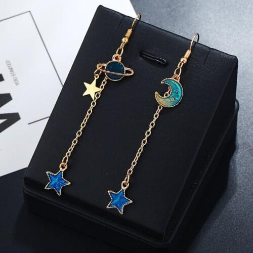 Female Lovely Universe Moon Star Long Tassel Drop Earrings Statement Earrings For Women Girl Gift Asymmetry Dangle Earring