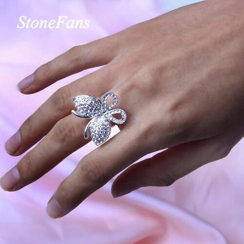 Stonefans Silver Color Butterfly Rhinestone Rings Adjustable for Women INS Fashion Big Butterfly Ring Opens Copper Jewelry