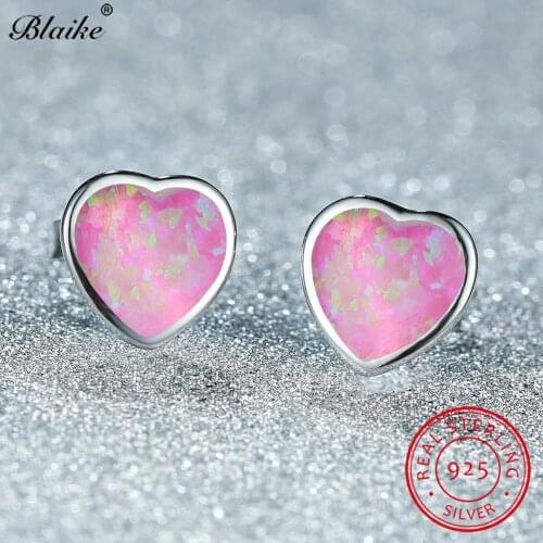Cute 7MM 925 Sterling Silver Rainbow Heart Stud Earrings Blue Pink White Fire Opal Earrings For Women Wedding Ear Studs Jewelry