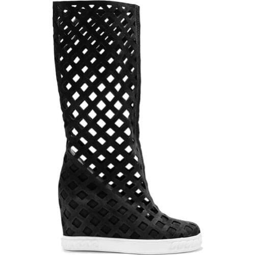 Linamong Black Orange Army Green Suede Hole Knee High Boots Woman Round Toe Height Increasing Wedges Heels Slip On Botas Shoes