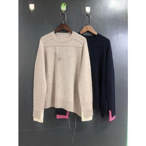 Women Knitted O-Neck Sweater Pin Decor Cuffs Color Patchwork Ladies Long Sleeve Cashmere Knitwear Pullover Tops 2021
