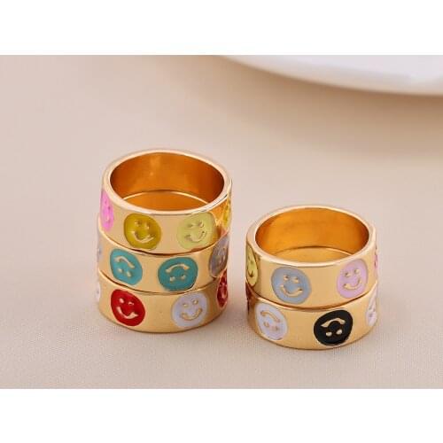 Flatfoosie 2021 New Fashion Happy Smiley Face Rings Gold Silver Color Metal Round Rings For Women Girls Simple Jewelry Gift
