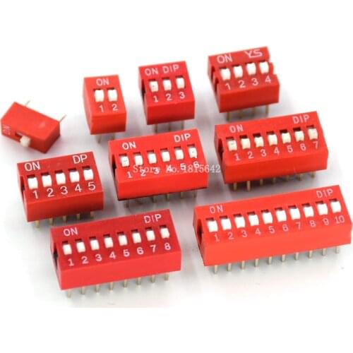 10PCS Slide Type Switch 2 Row 1 2 3 4 5 6 7 8 10 Bit Positions 2.54mm Pitch DIP Toggle Switch Red Snap Switch