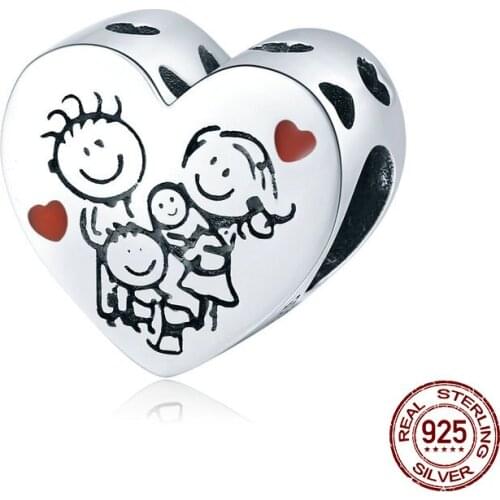 100% 925 sterling silver womens fine jewelry happy family charm heart beads fit original Pandora bracelet pendant making gift