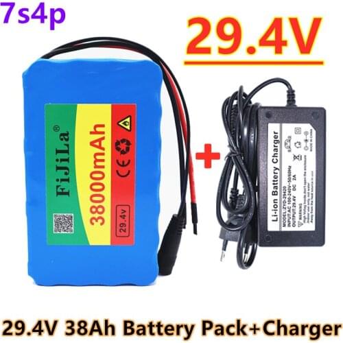 100% New 24V 38000mAh 7S4P high power 38AH 18650 Lithium Battery pack with BMS 29.4V Electric bicycle electric car + 2A Charger